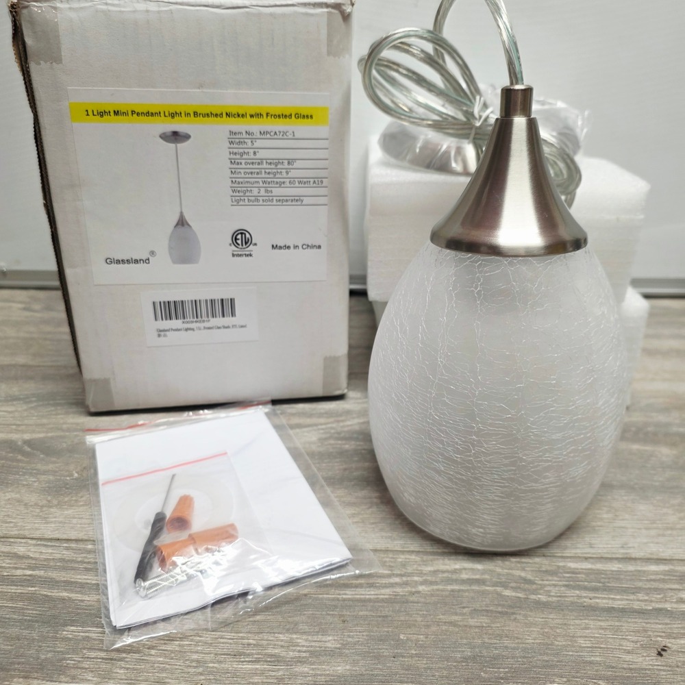 Glassland MPCA72C-1 Mini Pendant Light Brushed Nickel Frosted Crackle Glass 5in